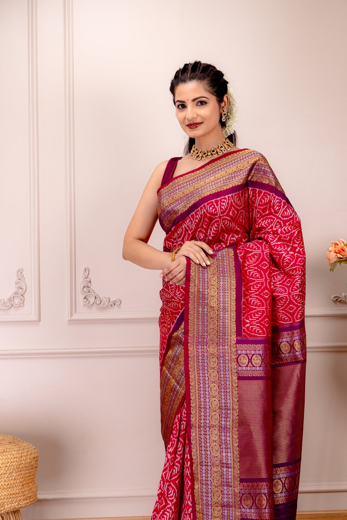 Ikkat Kanchipuram fusion Handloom Pure Silk with pre-Stitched Blouse AUS