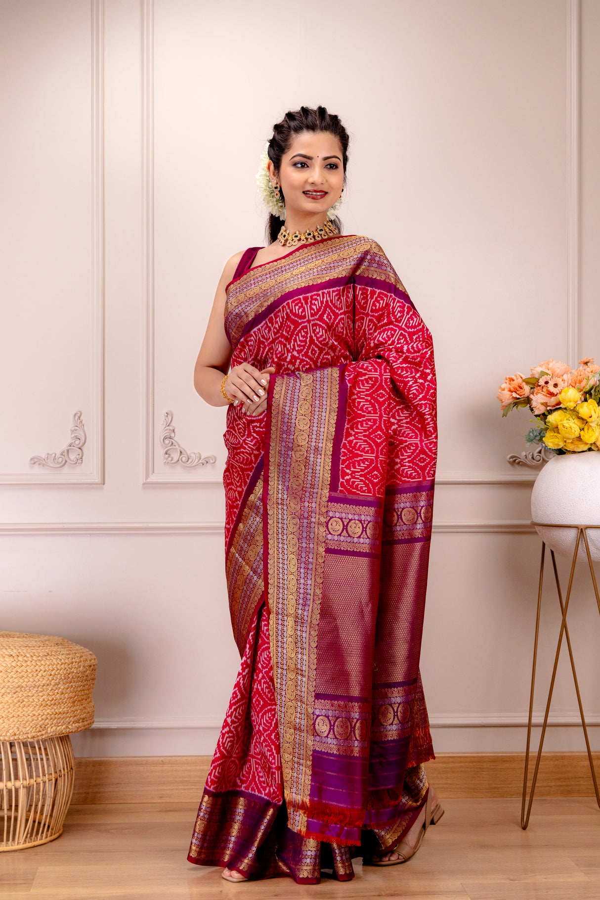 Ikkat Kanchipuram fusion Handloom Pure Silk with pre-Stitched Blouse AUS