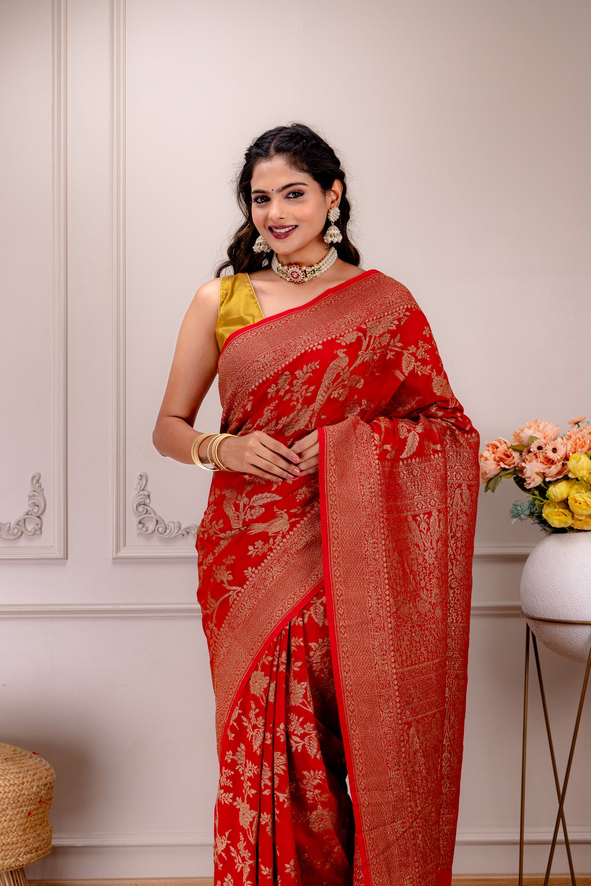 Red Banaras Khadi Georgette Shikargah with antique zari AUS