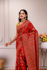 Red Banaras Khadi Georgette Shikargah with antique zari AUS