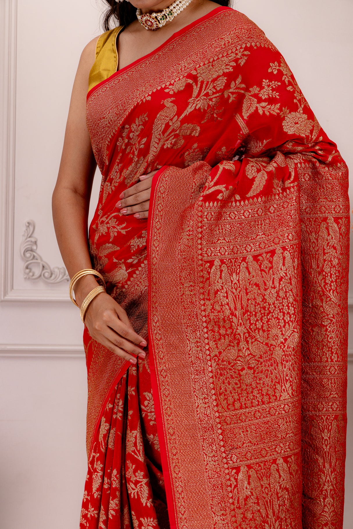 Red Banaras Khadi Georgette Shikargah with antique zari AUS