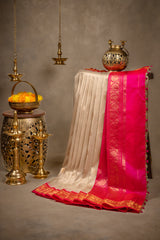 Gadwal handloom Pure Silk Off White With Hot Pink 