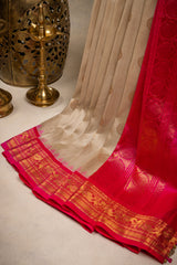 Gadwal handloom Pure Silk Off White With Hot Pink 