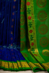 Maharani Paithani Kadiyal handloom Pure Silk Peacock Blue with Green