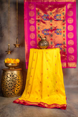 Maharani Paithani Handloom Kadiyal Pure Silk saree yellow and pink