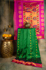 Maharani Paithani Handloom Kadiyal Pure Silk saree pink and green combo