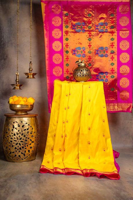 Maharani Paithani Handloom Kadiyal Pure Silk saree pink and yellow