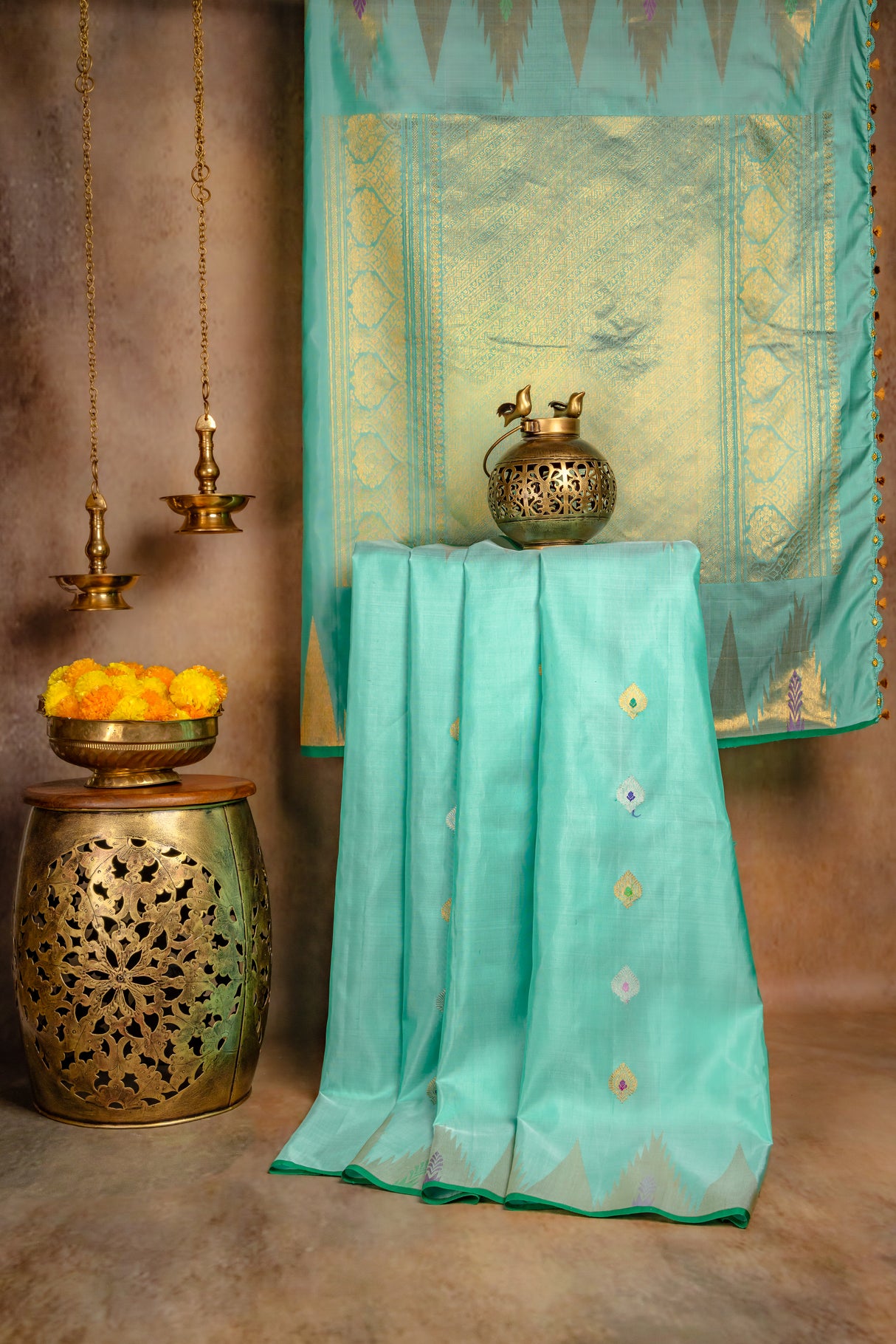 Gadwal Temple Border Turquoise Pure Silk saree