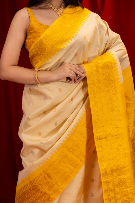  Gadwal Handloom Pure Silk cream with golden yellow