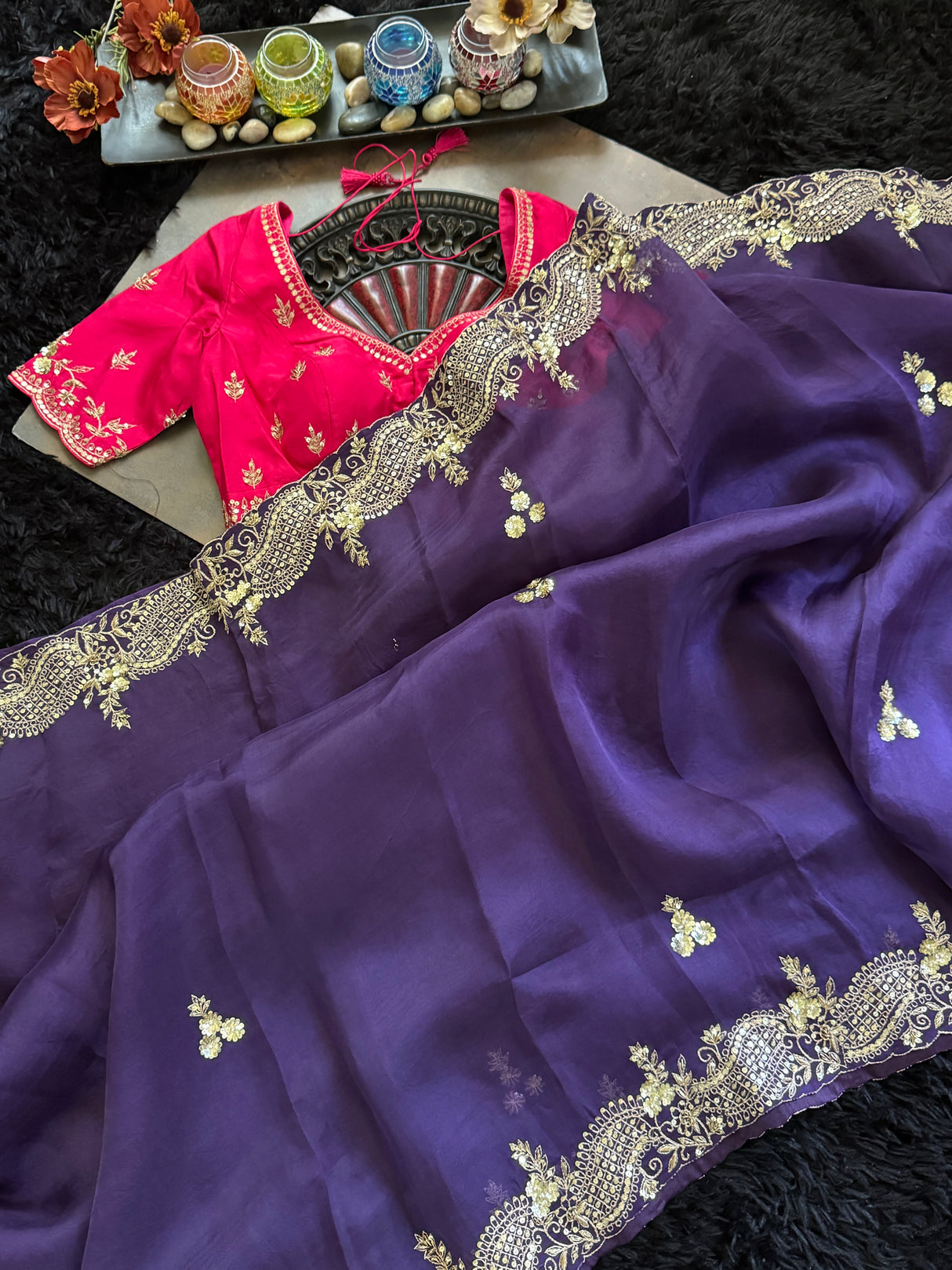 Purple Organza With Pink Contrats Blouse