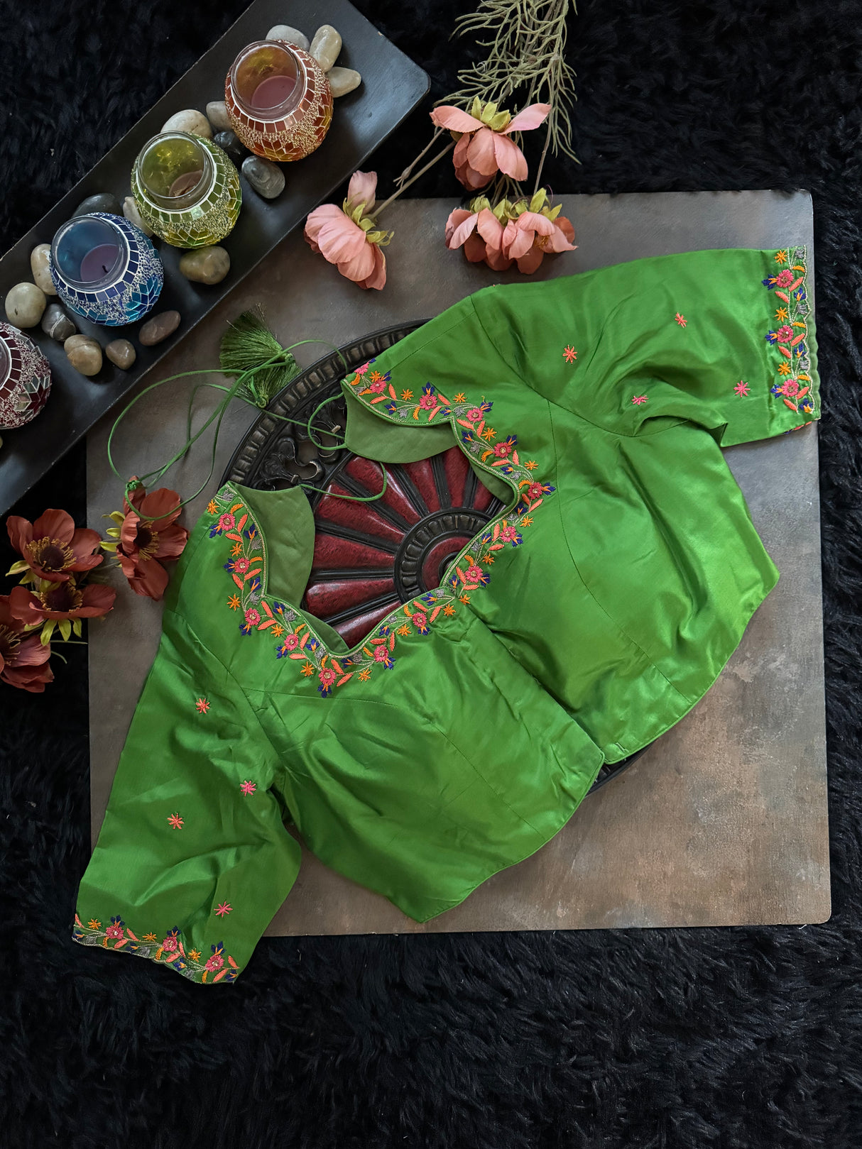 Parrot Green Blue Silk Embroidered Blouse 38