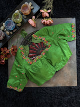Parrot Green Blue Silk Embroidered Blouse 38