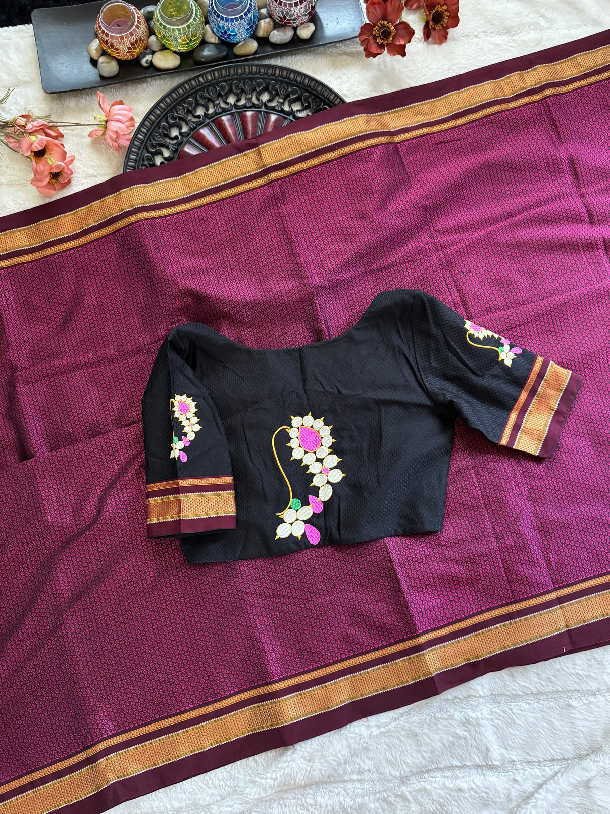 Wine Black Nath Embroidered Khun Saree Set