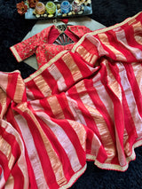 Red Organza abd Tissue Stripes With embroidered Blouse