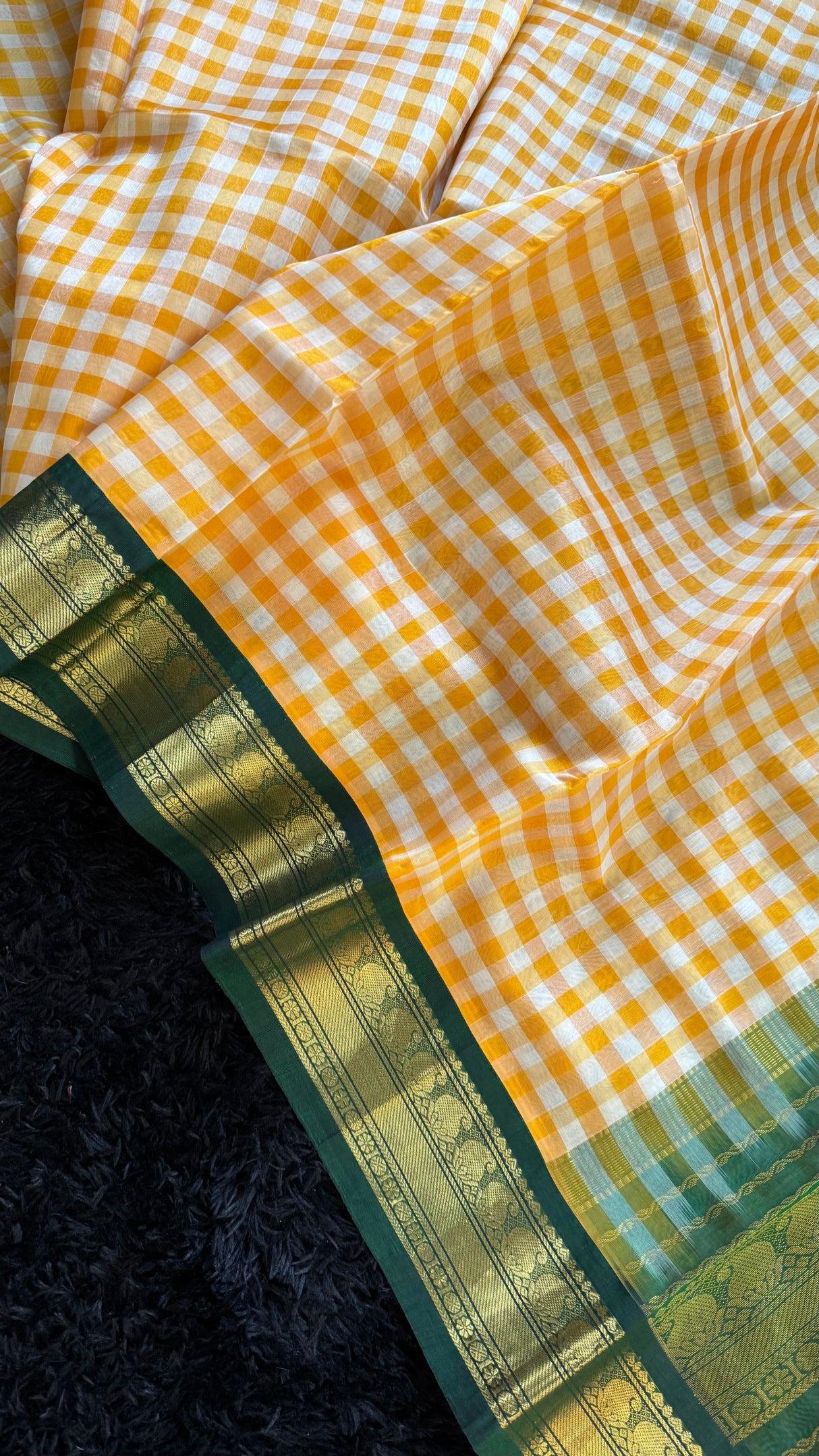 Yellow Checks Green Combo Silk Cotton Kanchipuram