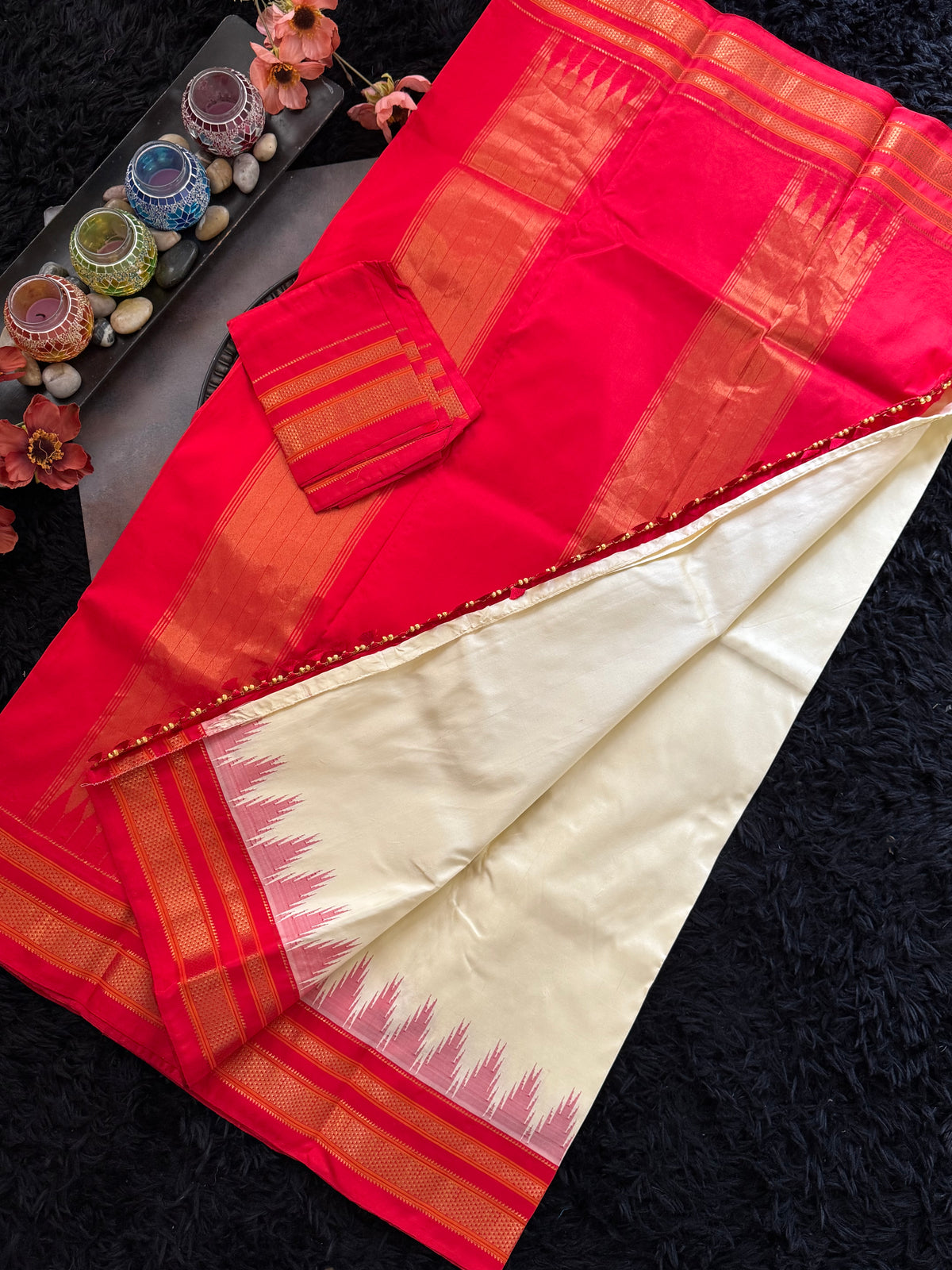 Cream Chilli Red Ilkal Pure Silk