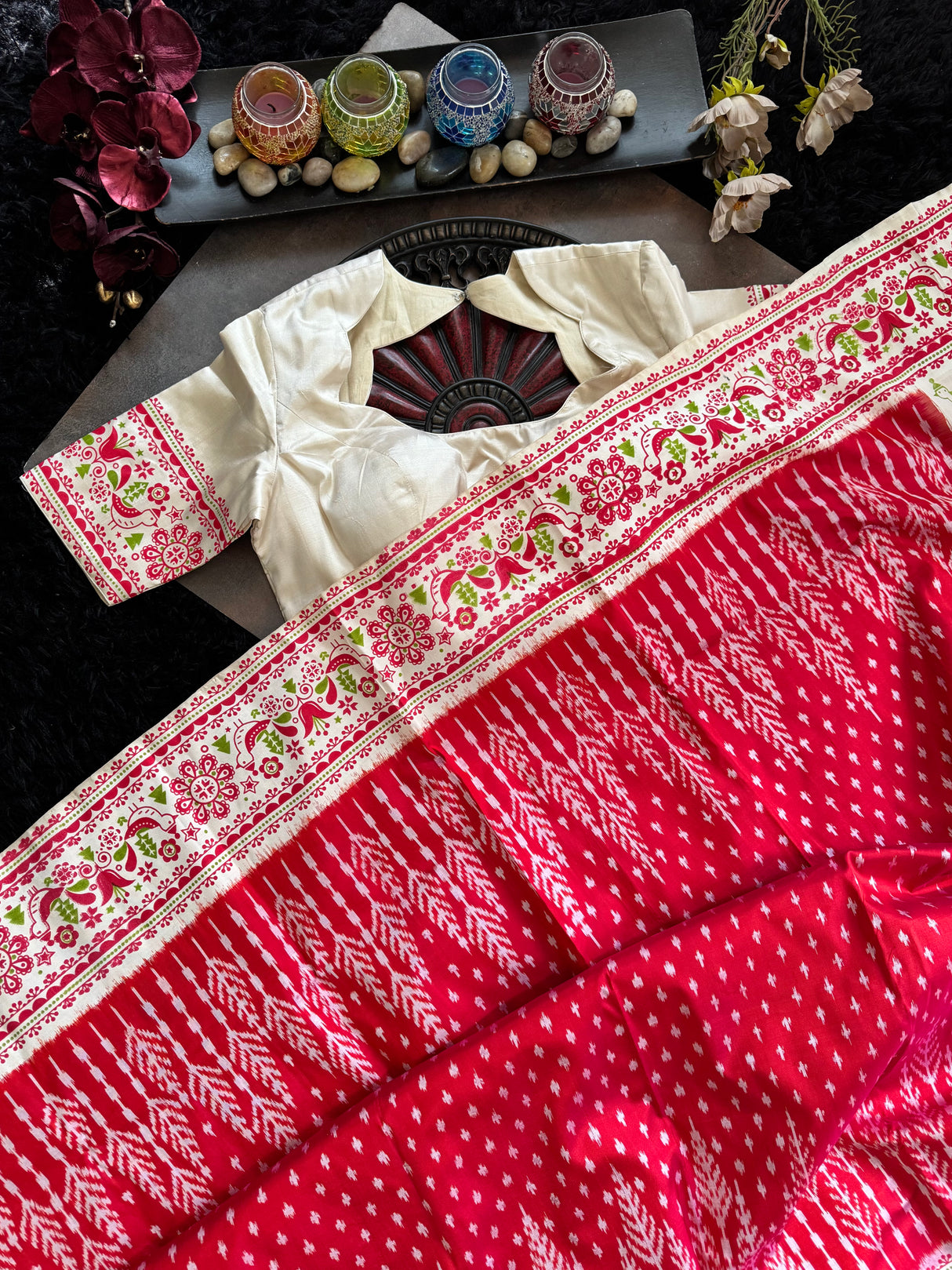 Ikkat with digital print border Pure Silk Handloom