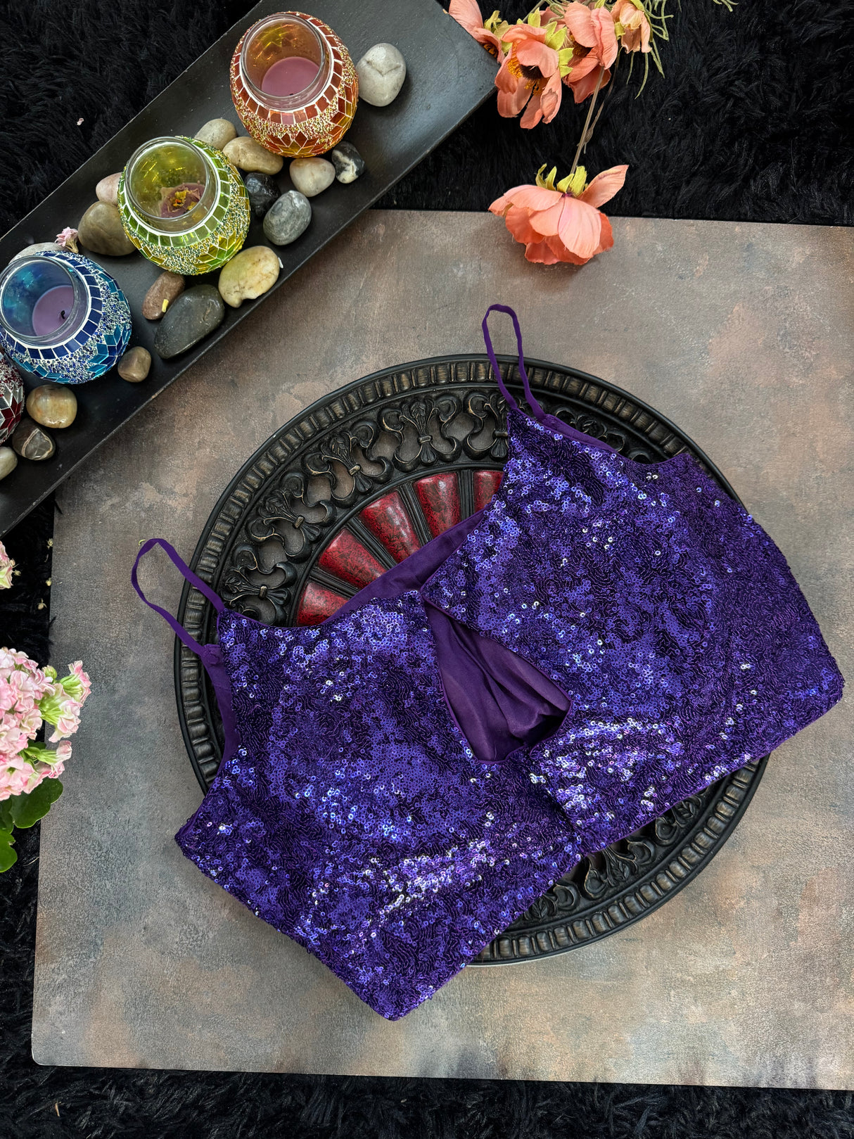 Purple Sequins Spaghetti Strap Blouse 38