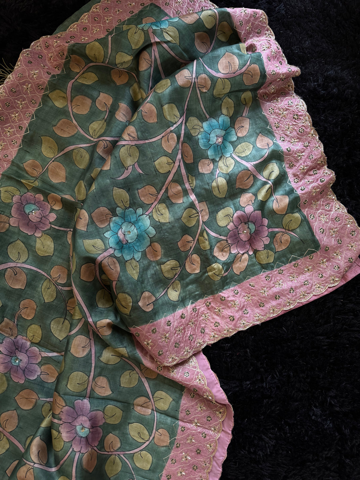 Green Tussar Silk Hand Painted