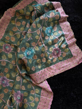 Green Tussar Silk Hand Painted