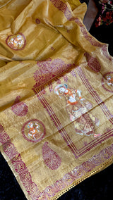 Mustard Gold Tissue saree Patachitra Painting