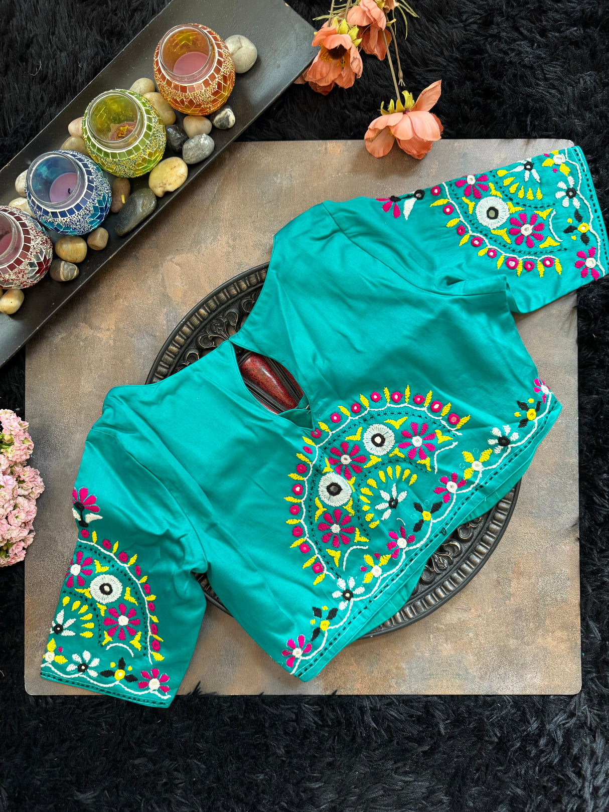 Turquoise Hand Embroidered Blouse 38