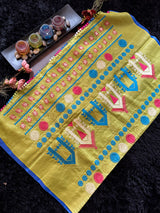 Blue With Green Kosa Tussar Silk With Dolabedi Embroidered Pallu