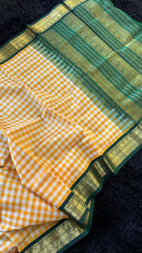 Yellow Checks Green Combo Silk Cotton Kanchipuram