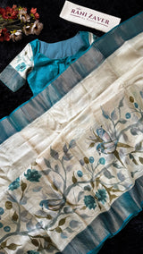 Teal Hand Painted Tussar Silk