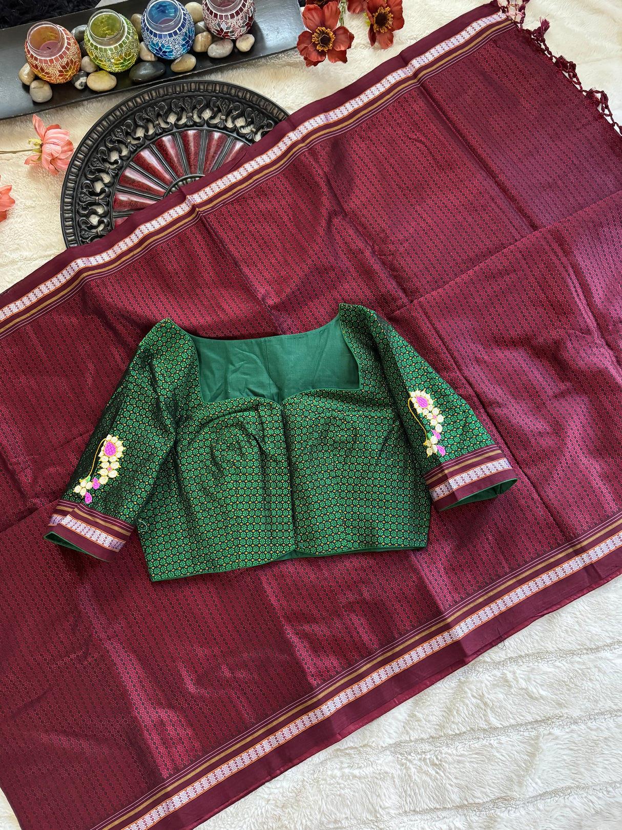 Maroon Green Nath Embroidered Khun Saree Set