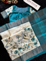 Teal Hand Painted Tussar Silk