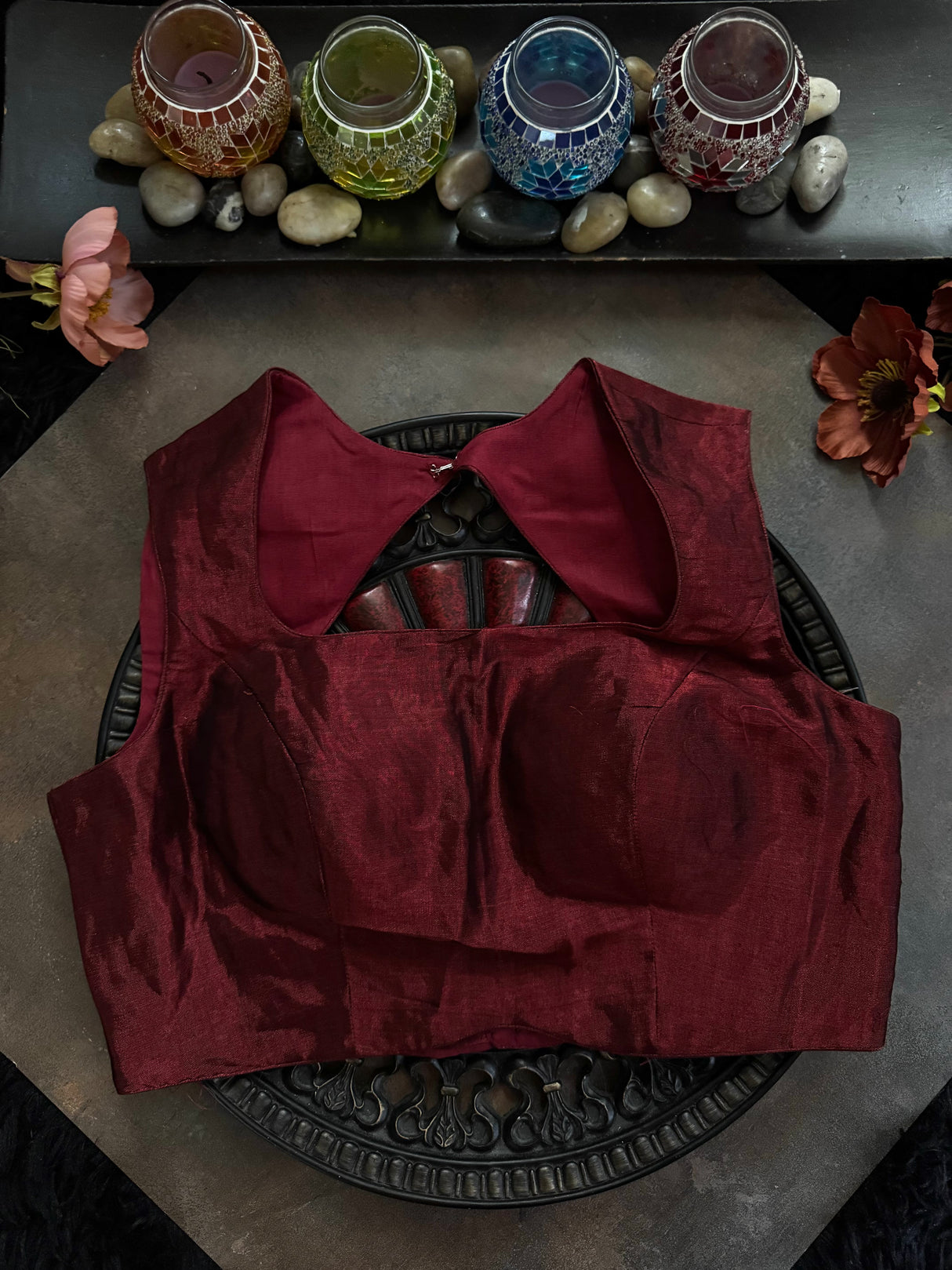 Maroon Tissue Closed Shoulder Sleeveless Blouse 36