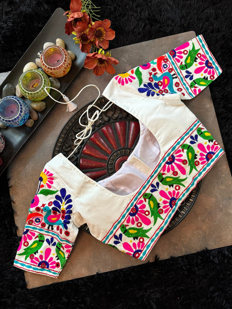 White Hand Embroidered Blouse 36 Peacock Parrot