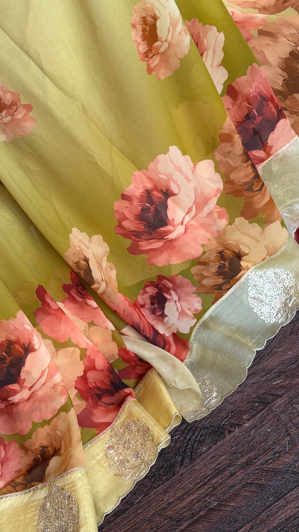 Green Georgette With Organza Border