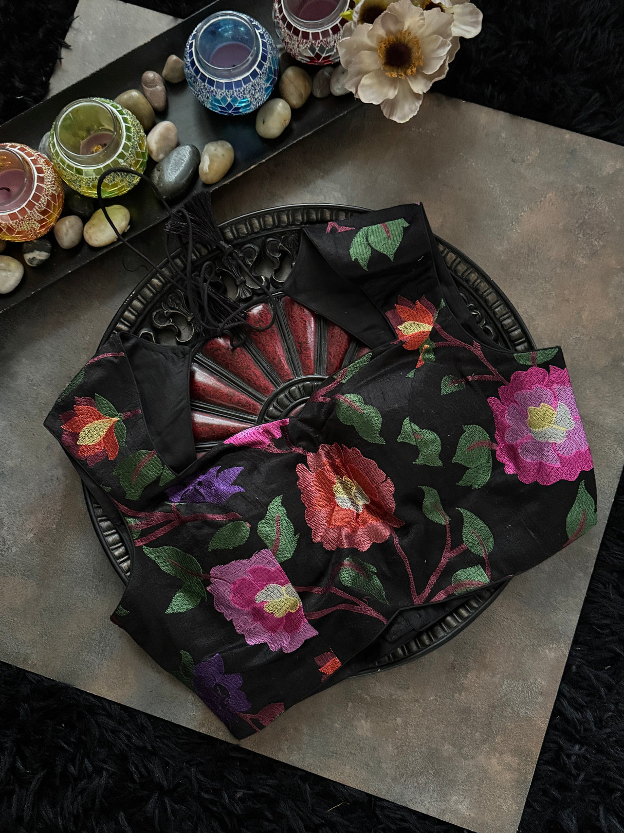 Black Closed Shoulder Floral Embroidered