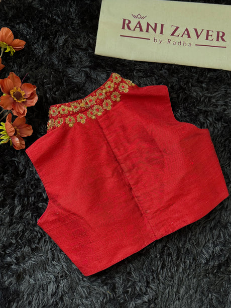 Deep Red Raw Silk Zero Neck Sleeveless 36