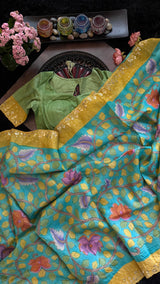 Turquoise Tussar Silk Hand Painted Kalamkari
