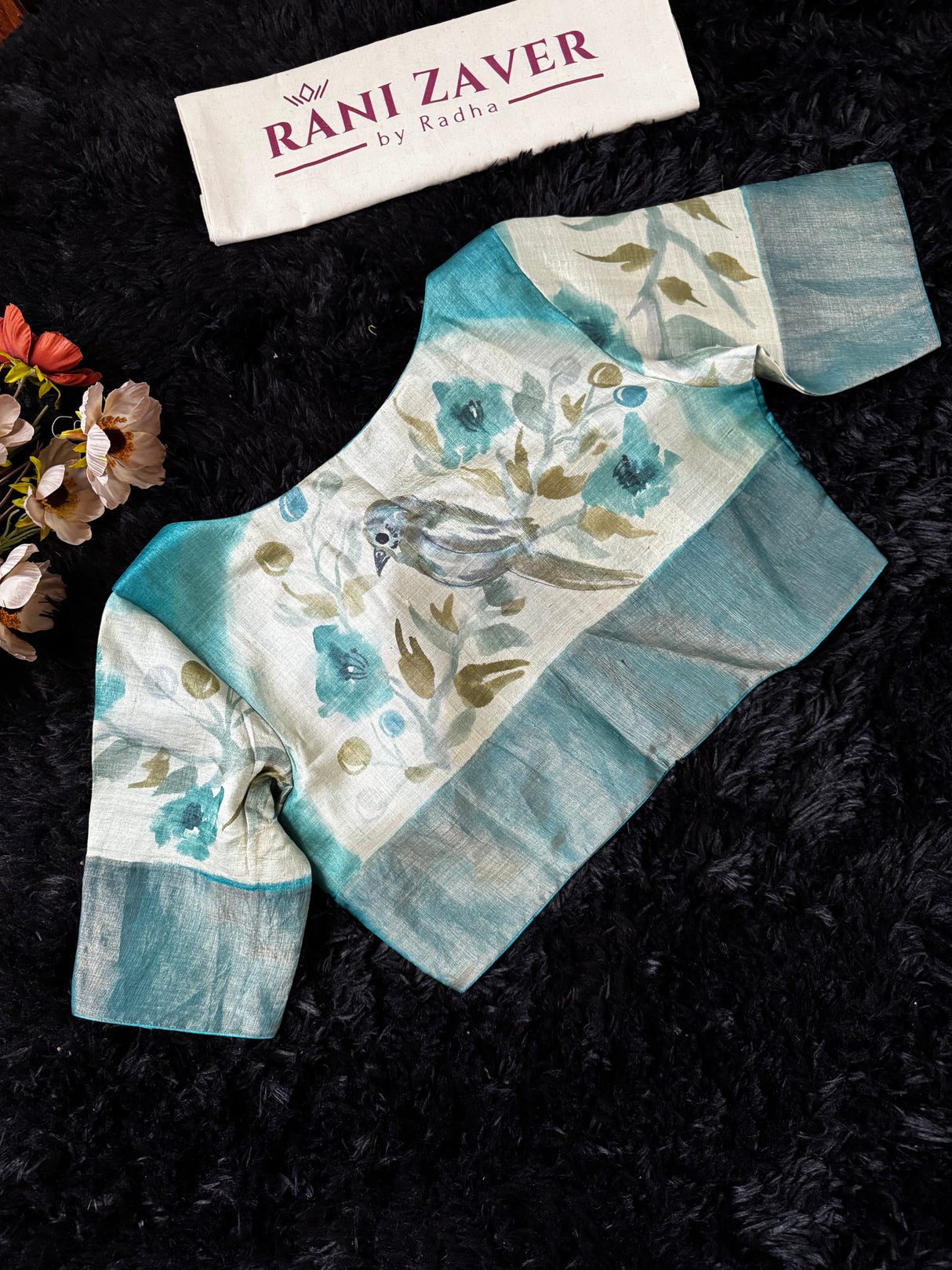 Teal Hand Painted Tussar Silk