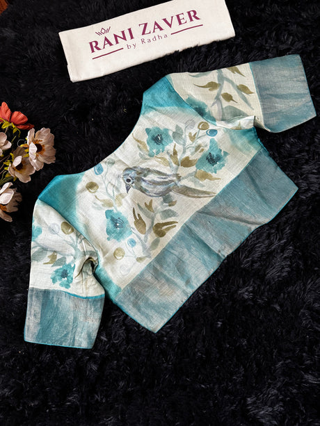 Teal Hand Painted Tussar Silk