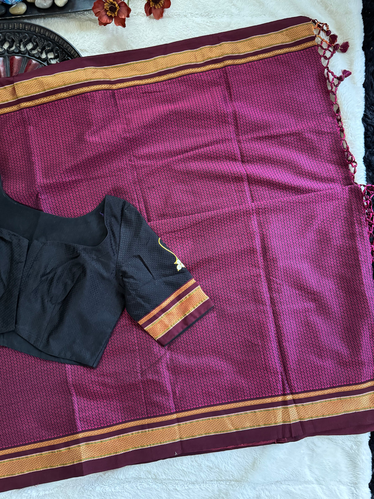 Wine Black Nath Embroidered Khun Saree Set