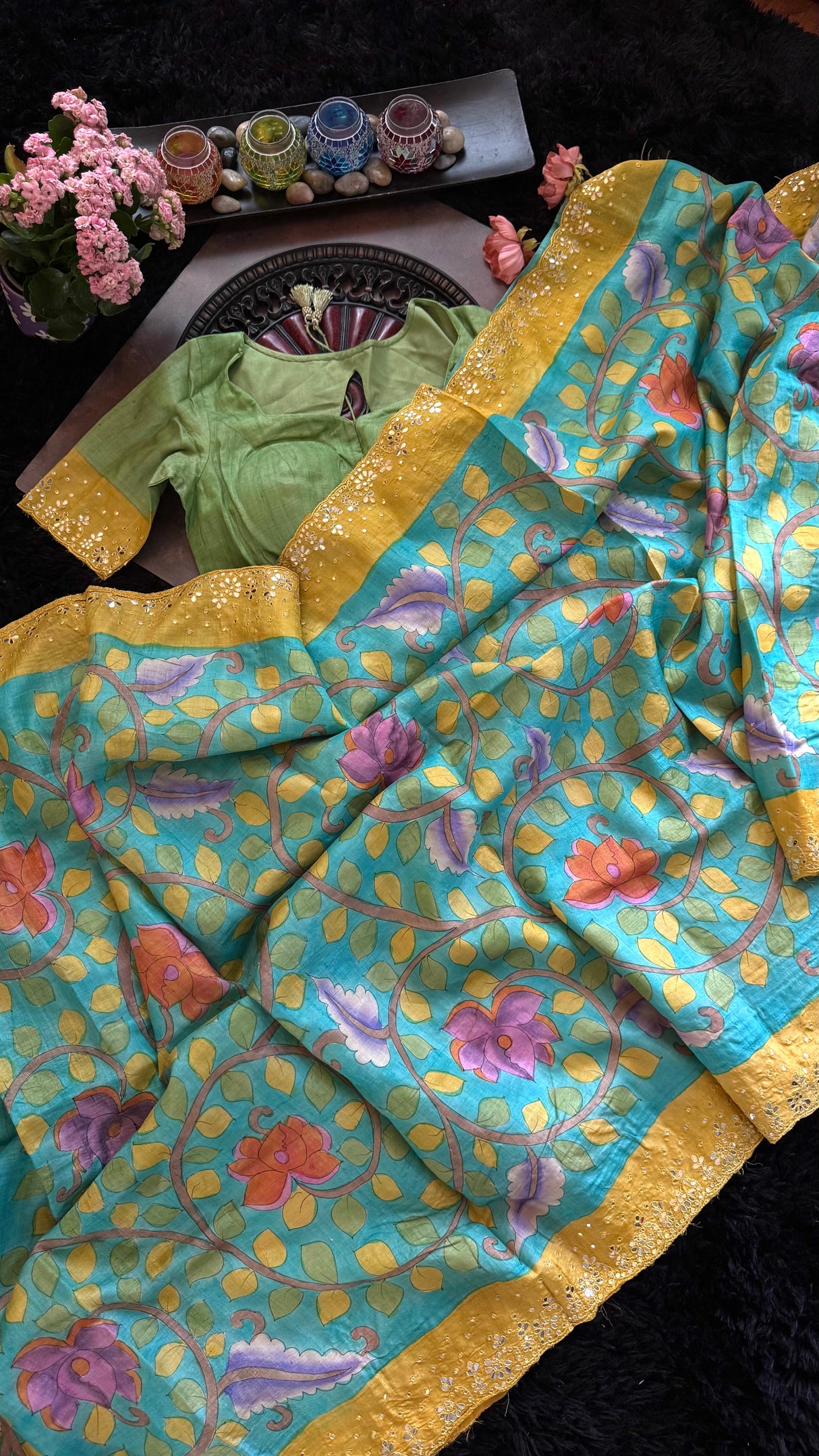 Turquoise Tussar Silk Hand Painted Kalamkari