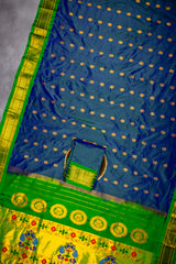 Maharani Paithani Kadiyal handloom Pure Silk Peacock Blue with Green