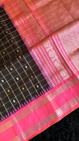 Kuttu Gadwal Handloom Pure Silk Dark Chocolate Pink