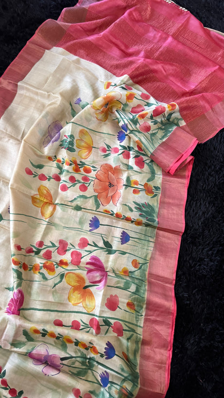 Red Hand Painted Tussar Silk