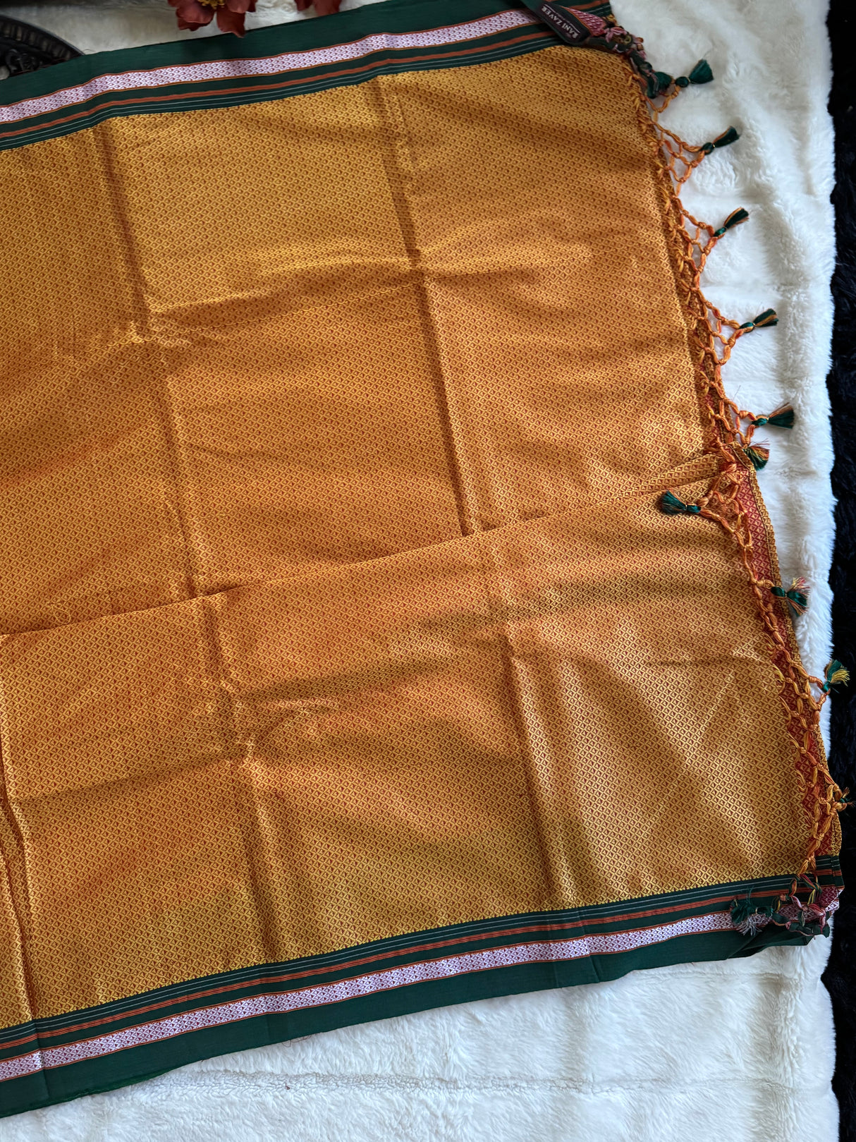 Mustard Yellow Peacock Green Nath Embroidered Khun Saree Set