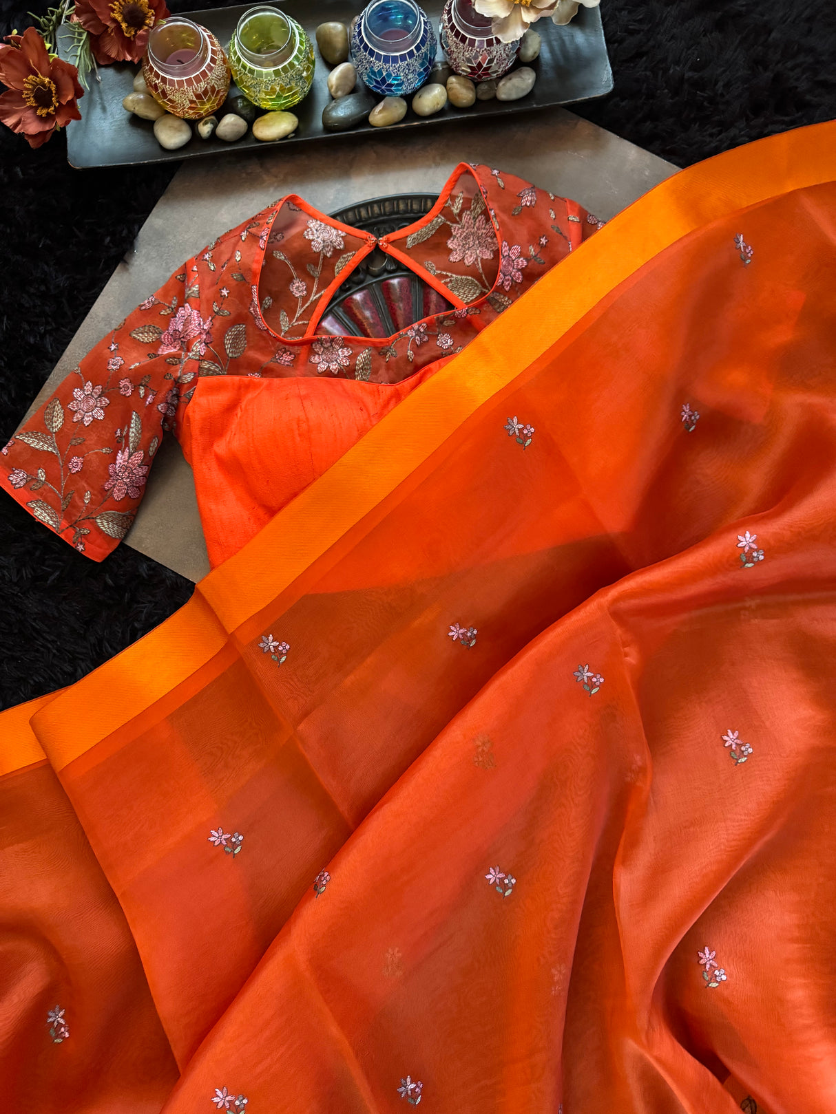 Rust Orange Organza With Embroidered border and Embroidered Blouse