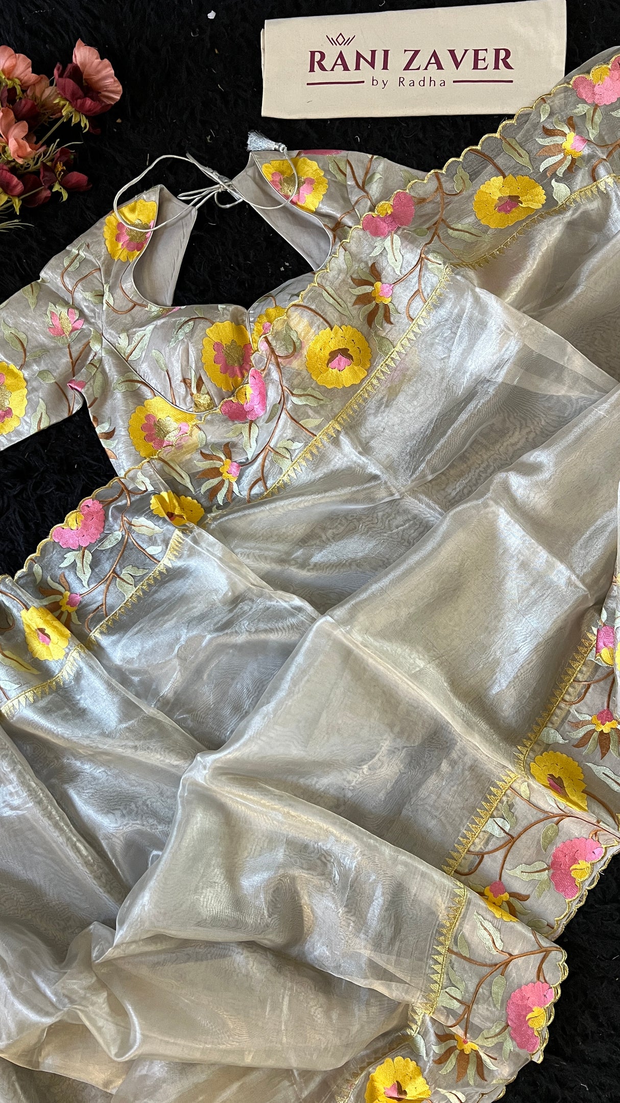 Silver Floral Border Organza