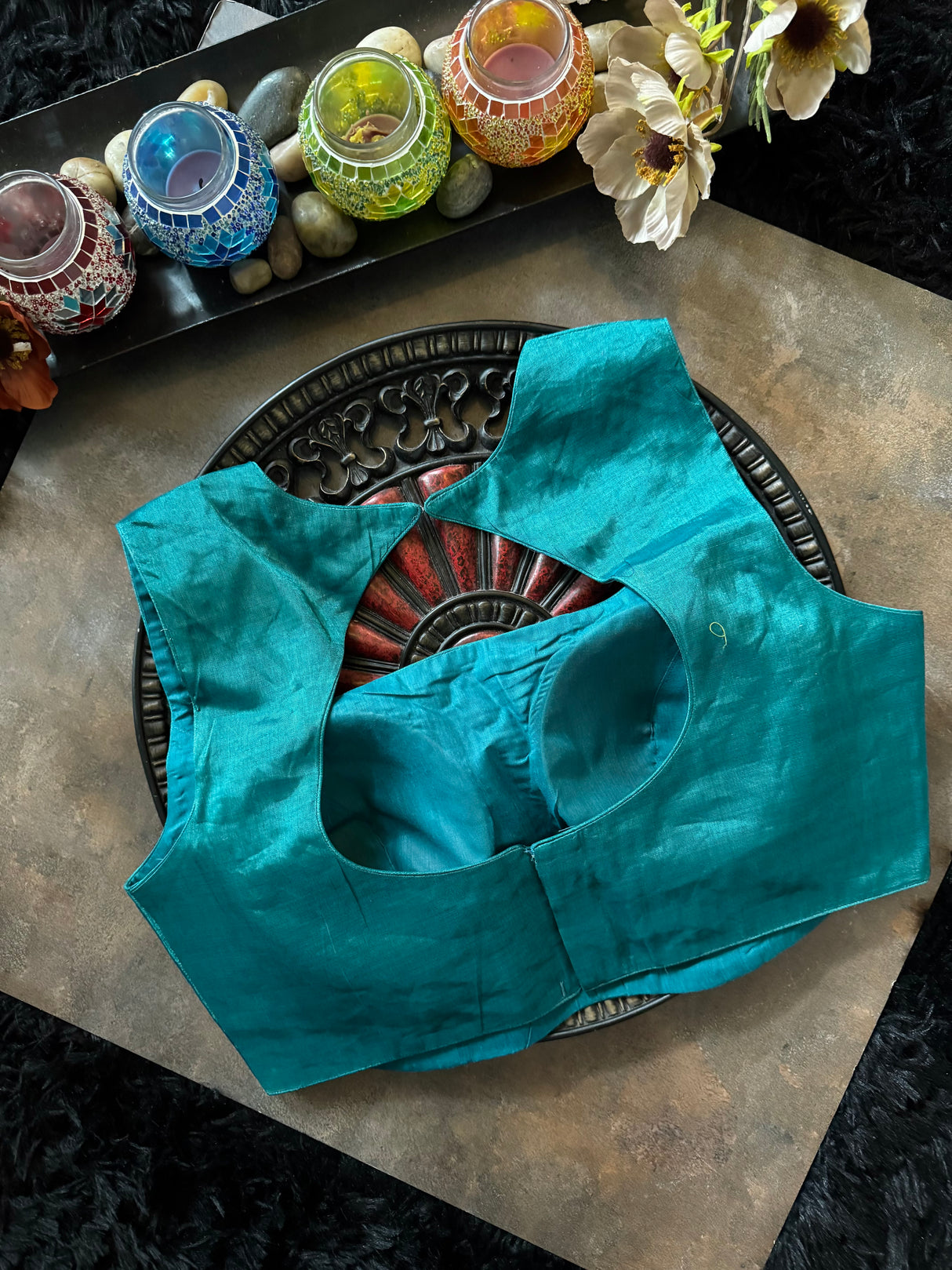 Teal Tissue Closed Shoulder Sleeveless Blouse 38