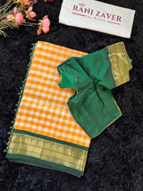 Yellow Checks Green Combo Silk Cotton Kanchipuram