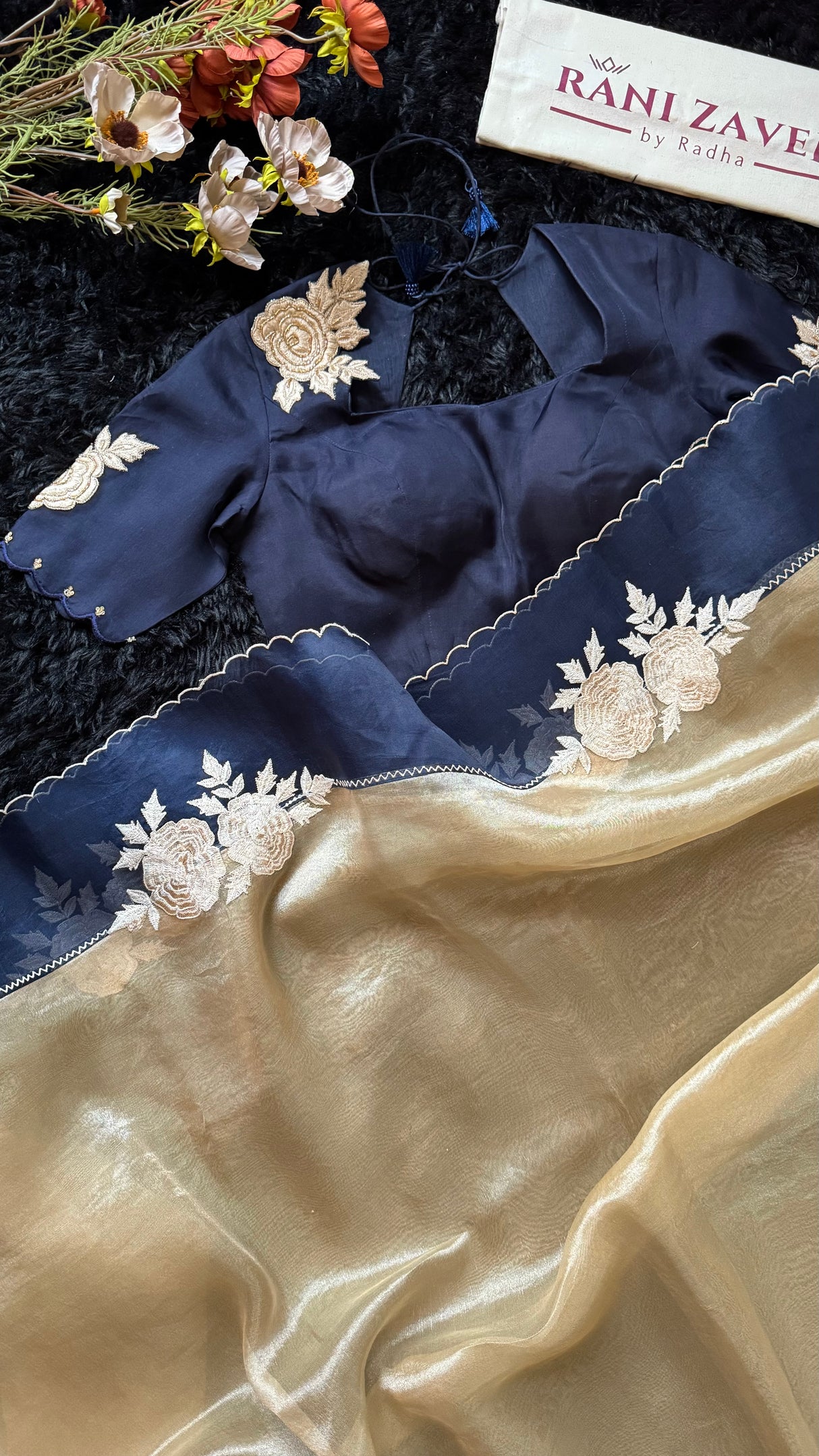 Navy Blue and Gold Combo Kora Organza